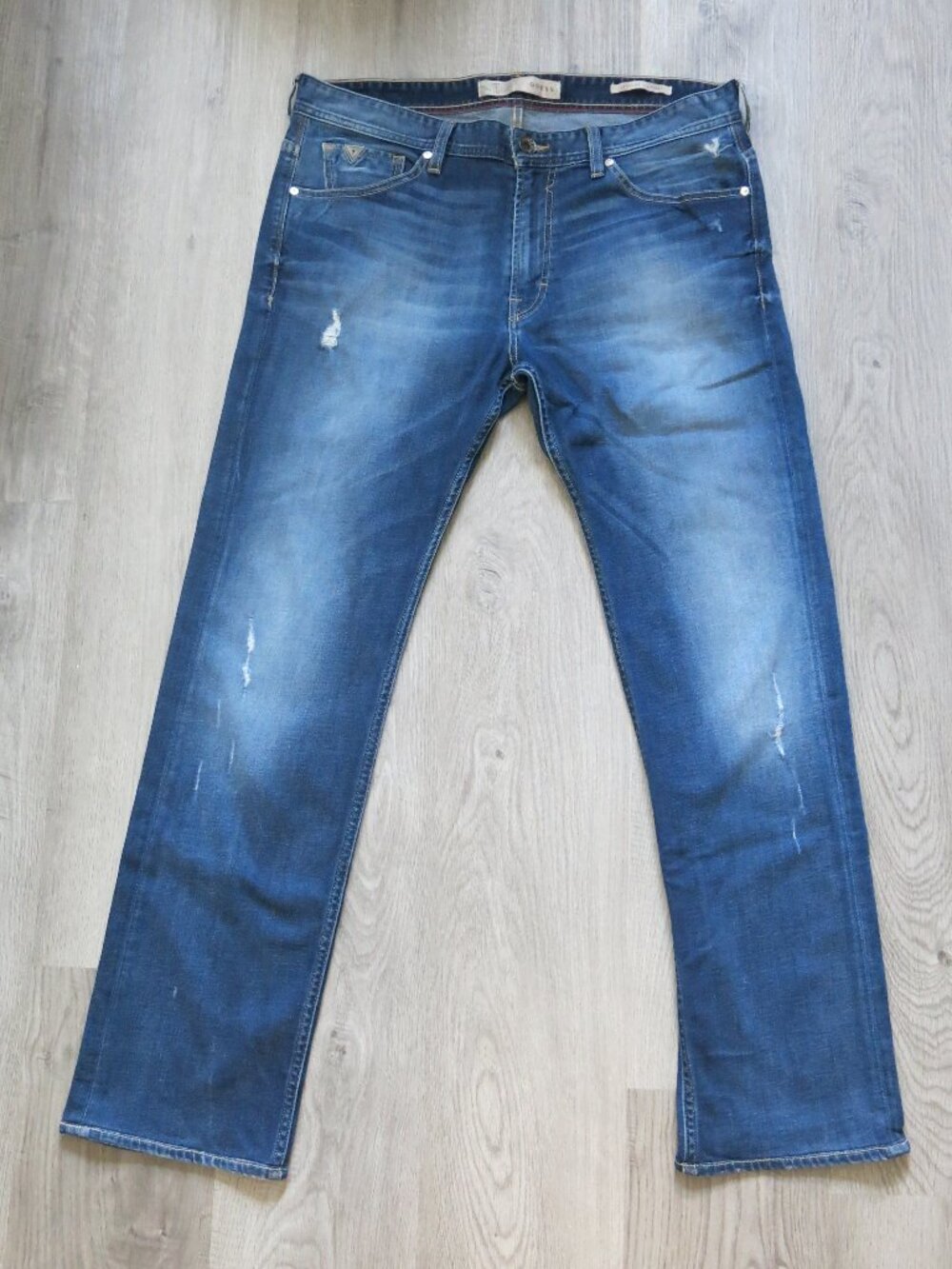 Guess Regular Straight Leg Cotton Blend Distressed Denim Jeans - Size 34